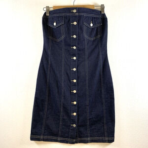 Moda International Womens Y2K 00s Denim Bustier Dress Sz 8 Button Pockets Dark